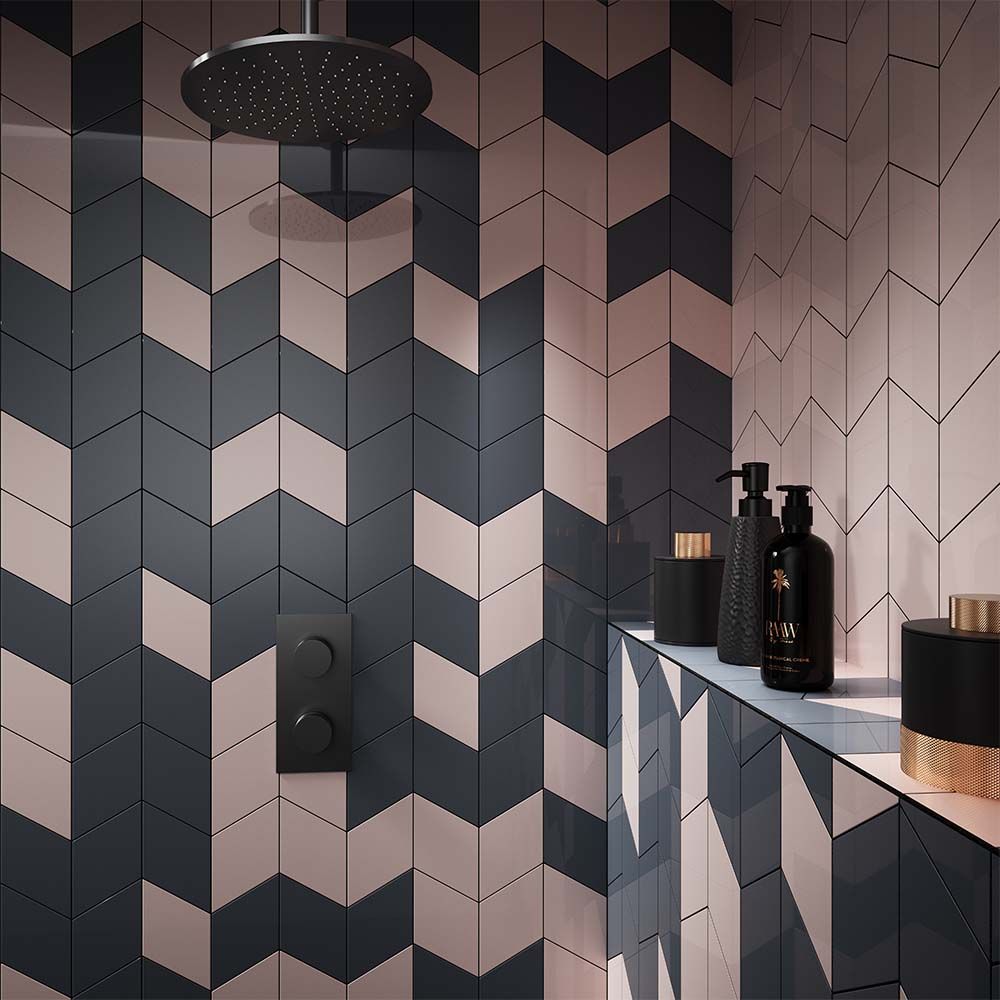 <p><b>MIX AND MATCH</b></p>
<p>Use a strong geometric pattern gradually fading out into a solid colour. This design idea provides lots of interest to your bathroom but avoids the room feeling too busy or overwhelming. It also provides a premium feel without additional cost.


<p/>