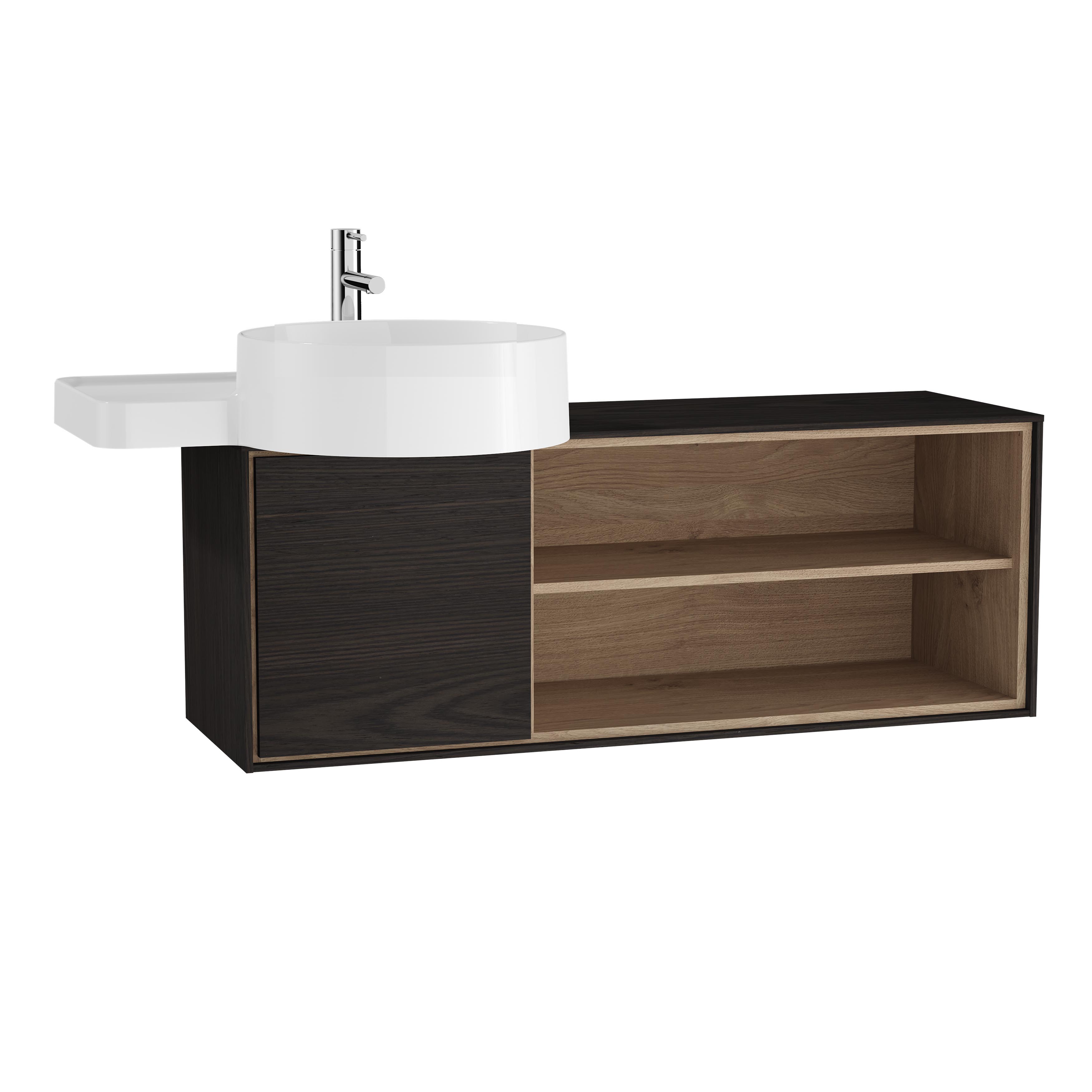 VitrA Voyage 100cm Washbasin Unit with Doors 1 Drawer & Shelves Left Side Basin - Flamed Grey / Natural Oak