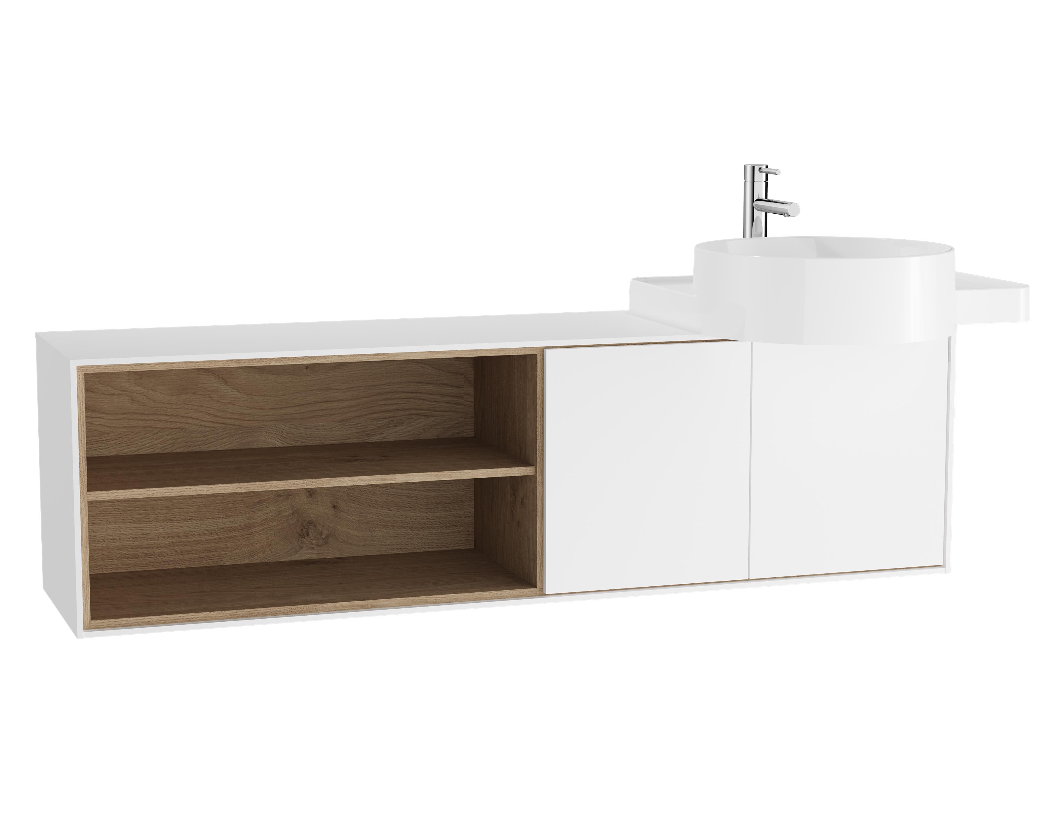 VitrA Voyage 130cm Washbasin Unit with Doors 1 Drawer & Shelves Right Side Basin - Matt White / Natural Oak