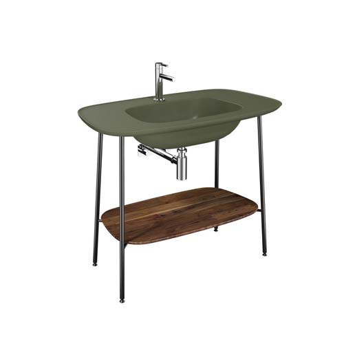 VitrA Plural 100cm Ceramic Washbasin Unit with Dark Oak Shelf - Matt Moss Green