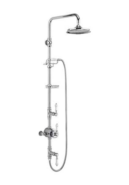 Burlington Exposed Shower Valve Two Outlet Rigid Riser Fixed Shower Arm Handset & Holder with Hose & Soap Basket Excl Shower Head - Chrome / White