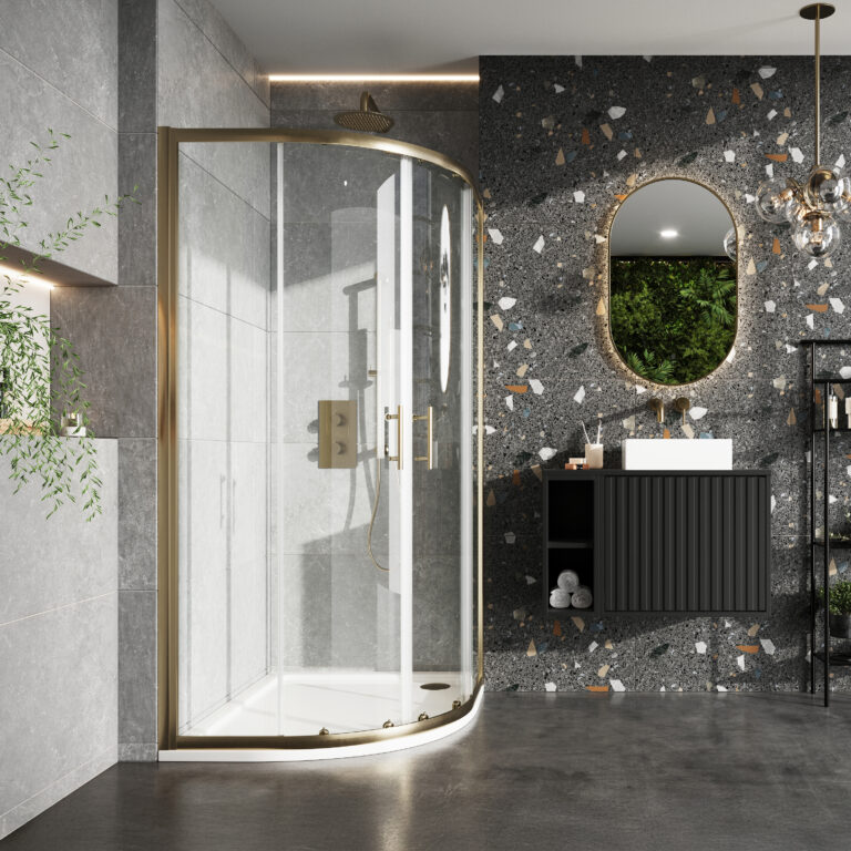 Bayou S6 Brushed Brass Double Door Quadrant 800×800 - Brushed Brass