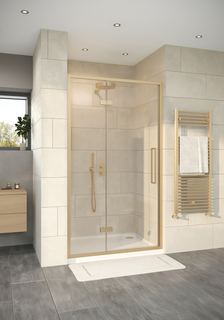 Lakes Wave Hinged Door & Inline Panel with Door Glass 1200mm - Brushed Brass