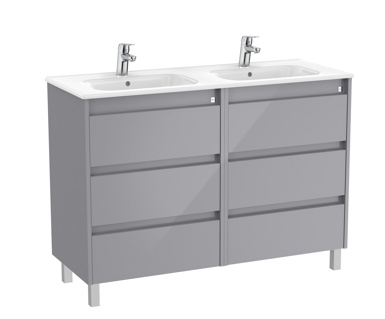 Roca Tenet 1200 x 460mm Standard 6 Drawer Unit & Double Basin - Gloss Grey