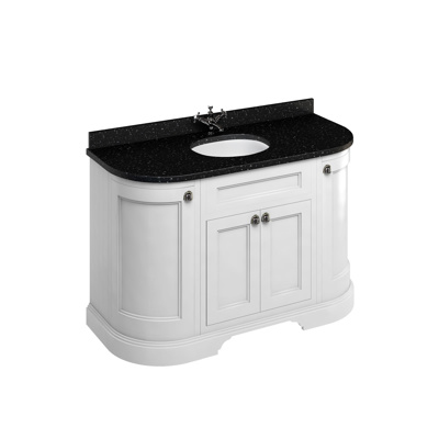 Burlington 134 Curved Freestanding 4 Door Unit Black Granite Top & Integrated Bowl - Matt White