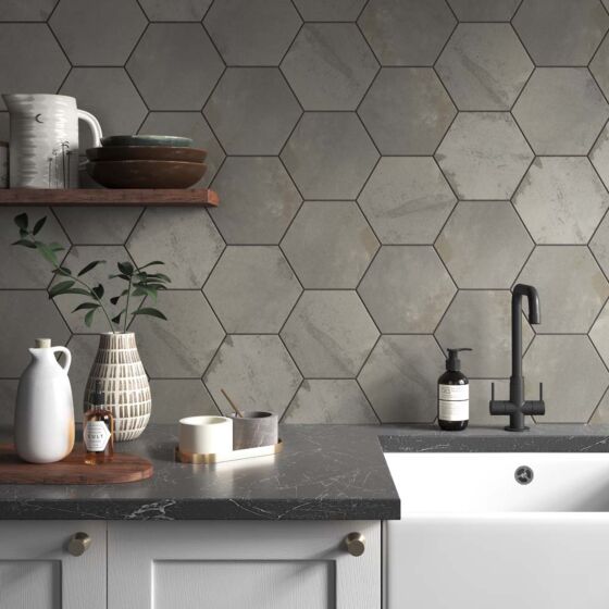Verona Hex Glazed Porcelain Wall & Floor Tile 175 x 202mm Pack of 37 - Hex Steel