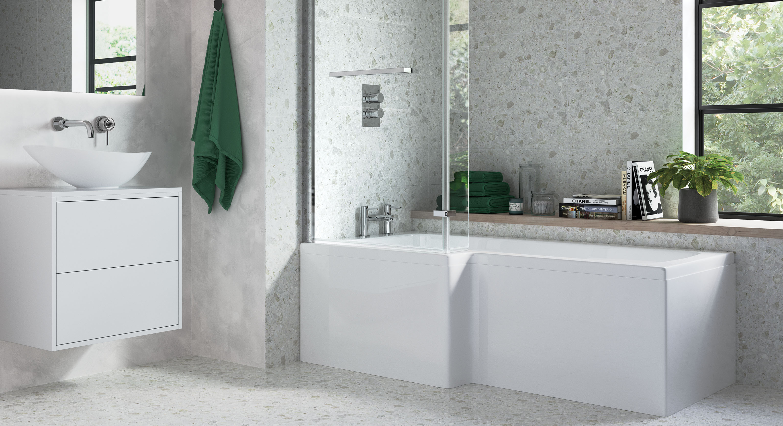 Bayou L Shape 1700 x 850 x 560mm Shower Bath Pack Right Hand - Chrome